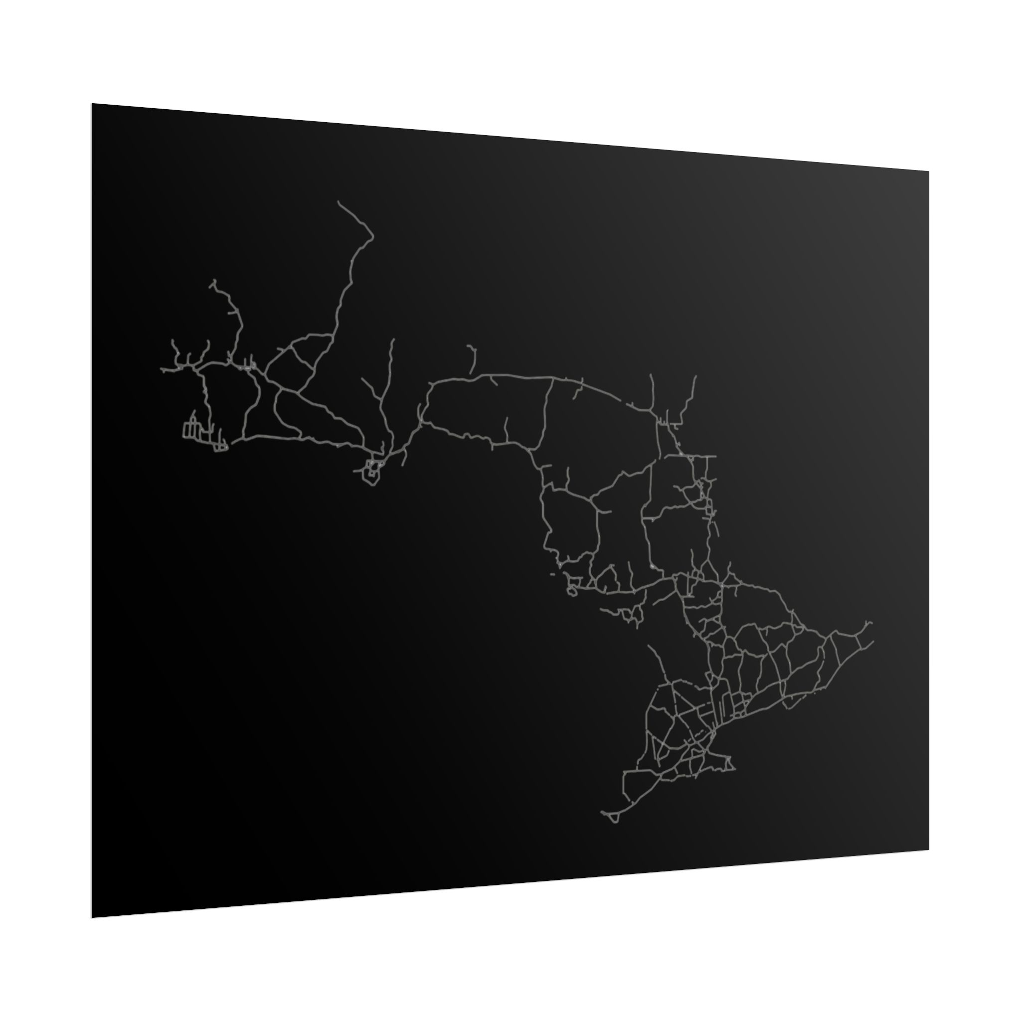 Rolled poster mapping the Ontario highway network in silver lines on black