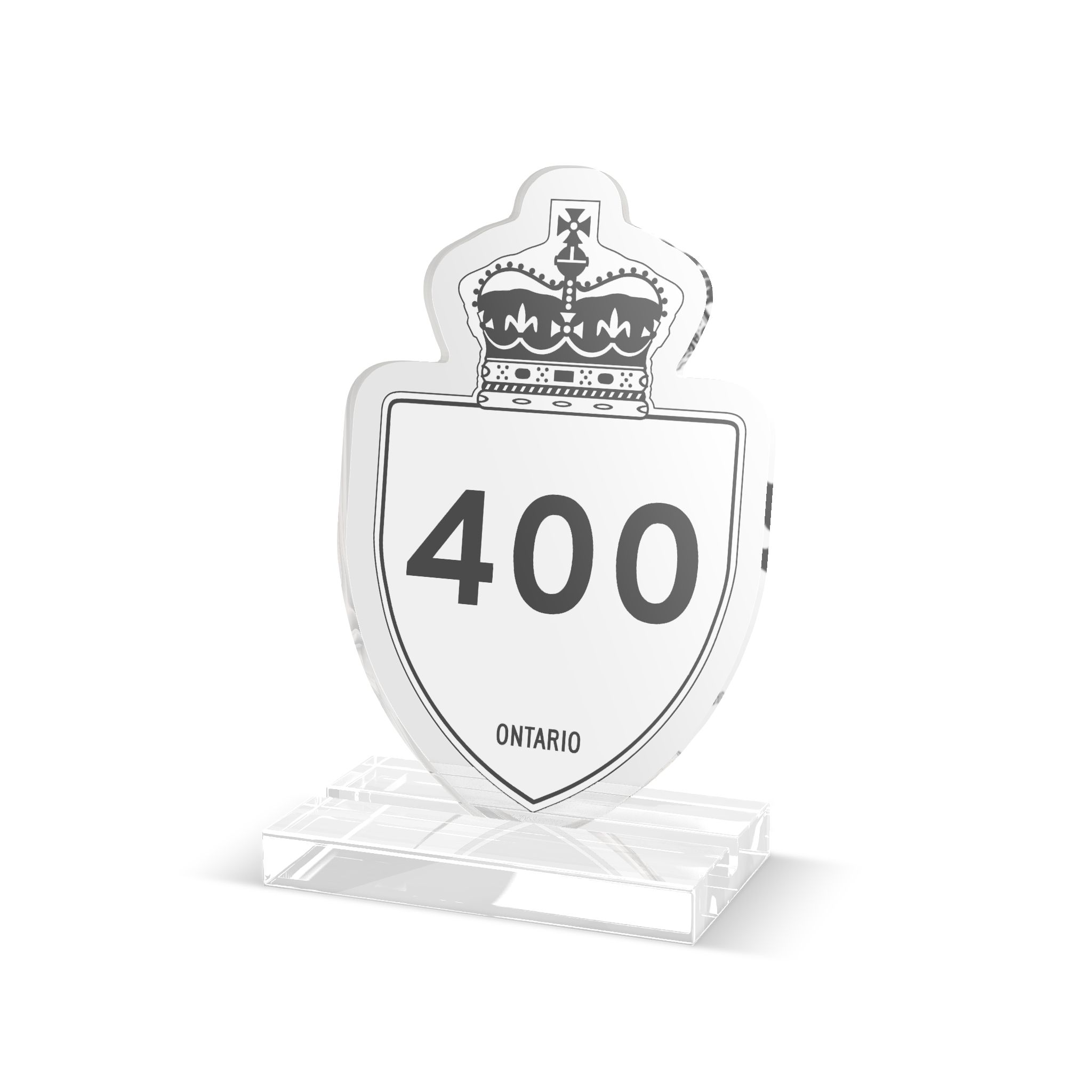 Custom-cut acrylic standee of an Ontario highway shield