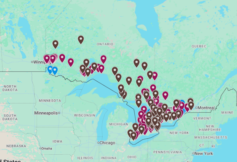 A preview of the Ontario Oddities map, showing pins across Ontario's highway network
